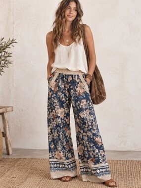 Floral Border Print Wide Leg Boho Palazzo Pants